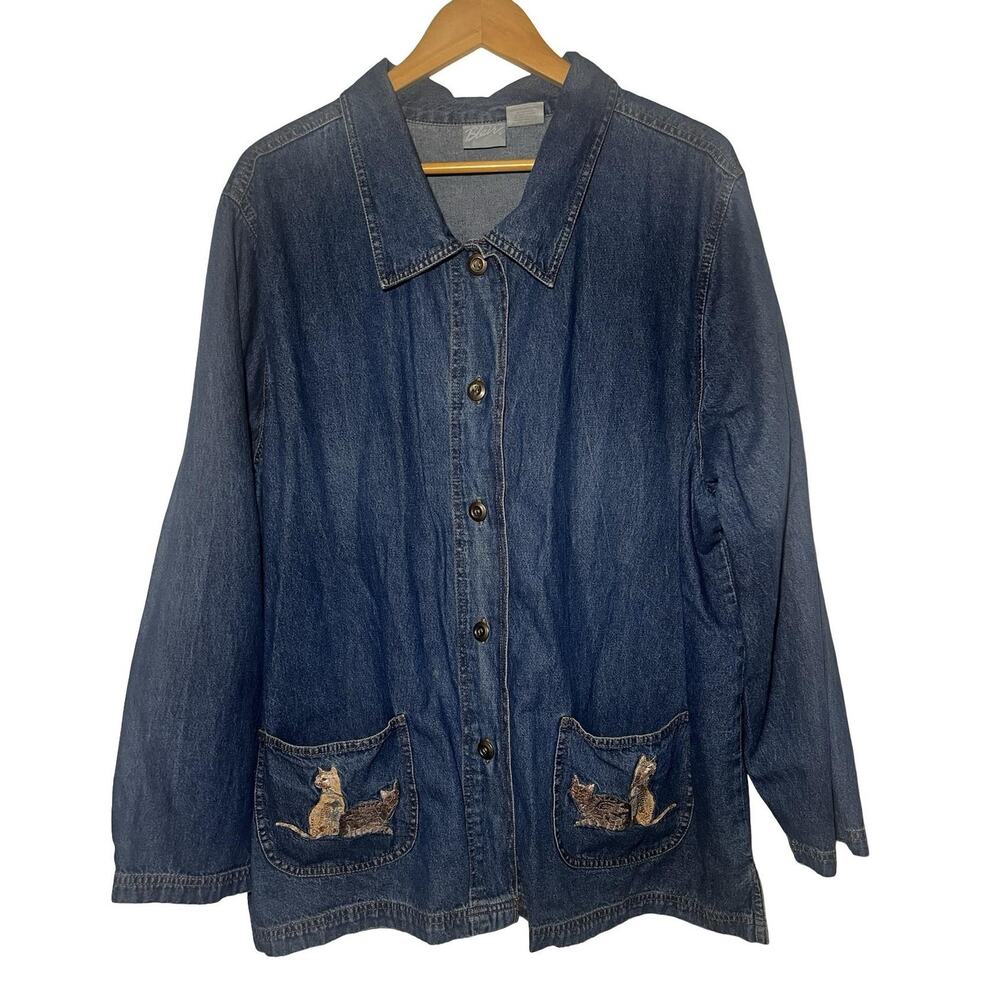 Blair Denim Jacket Womens 2XL Blue Cat‎ Embroidered Pockets Casual Button Up